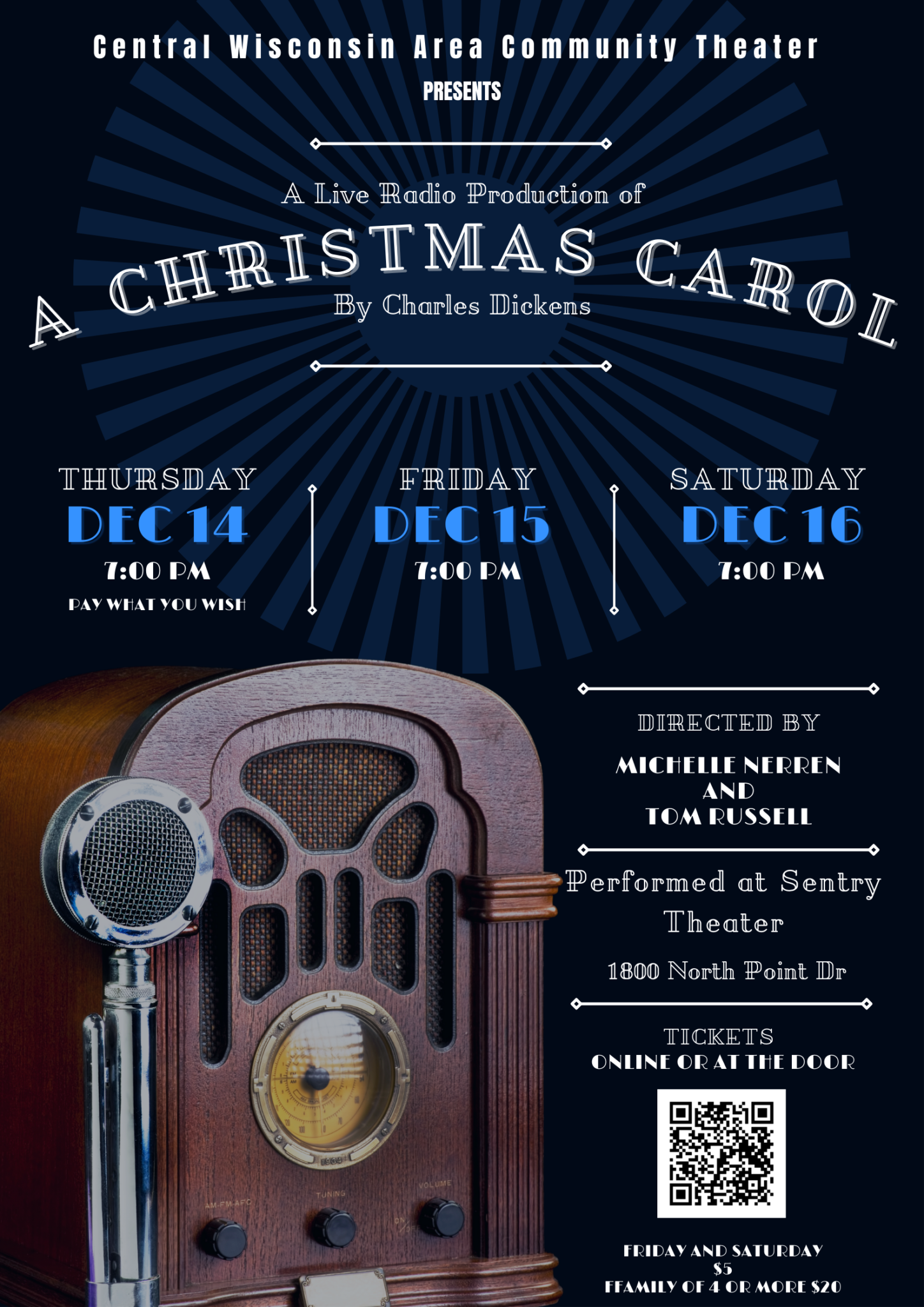 Christmas Carol Poster, Thursday December 14th 7pm, Friday December 15th 7pm, Saturday December 16th 7pm